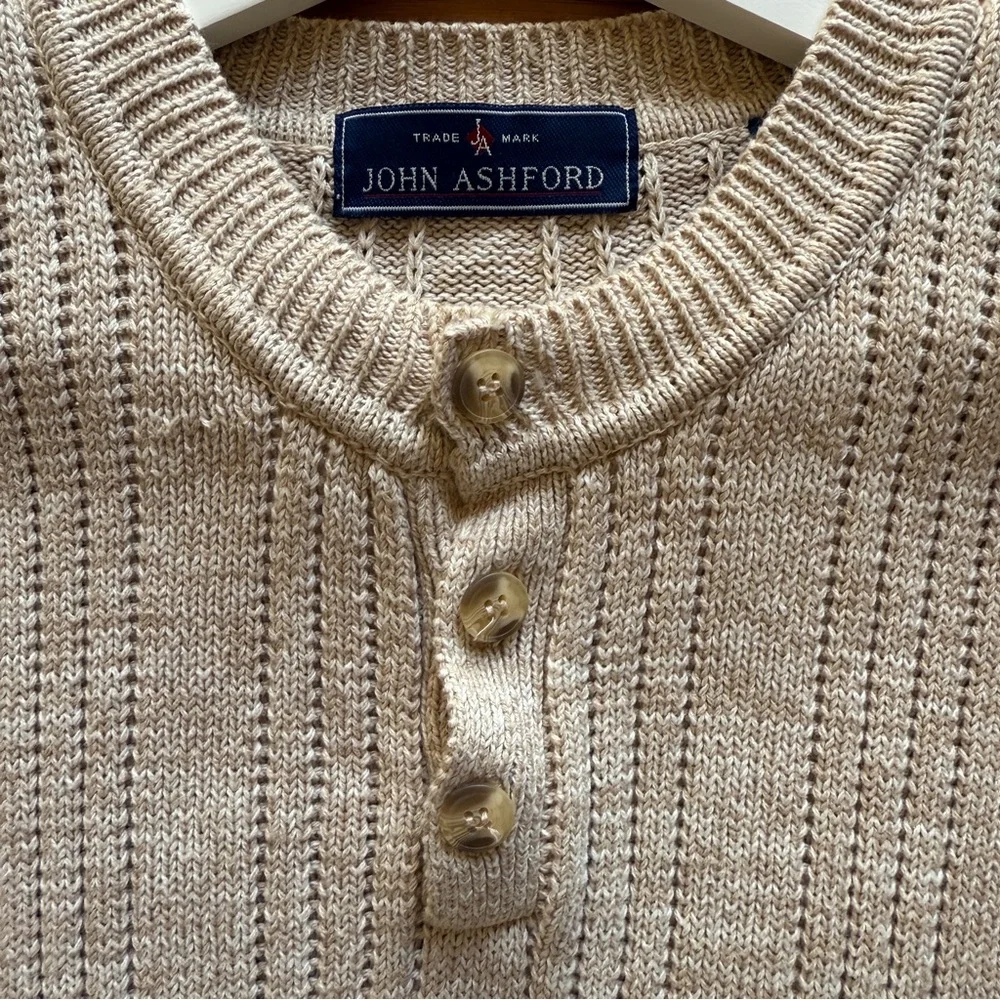 John Ashford Men's‎ Henley Sweater Chunky Cream Casual Light Fall Size M